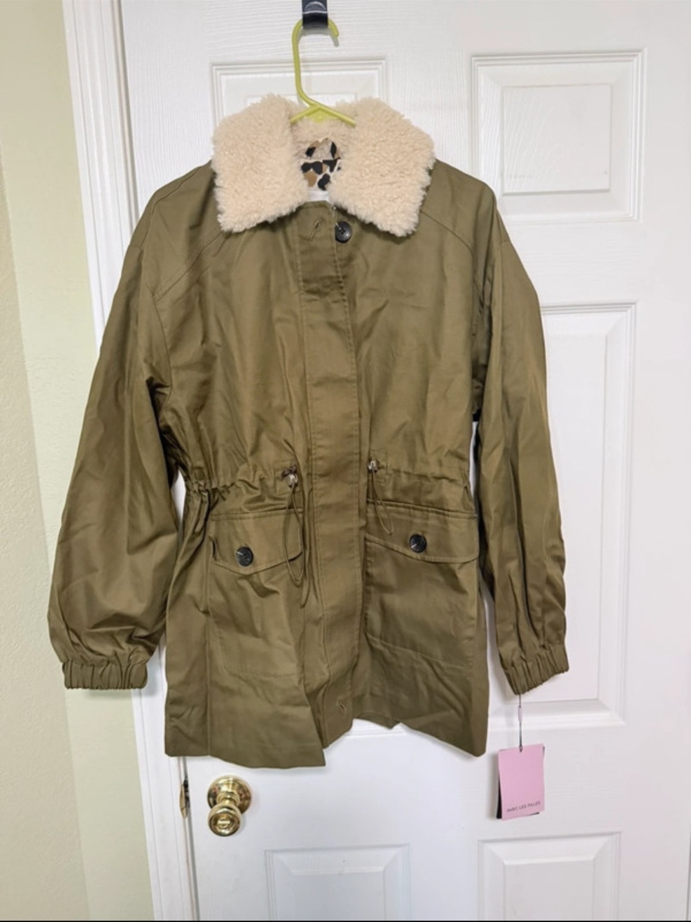 Avec Les Filles Olive Utility Jacket with Cream Faux Shearling Collar